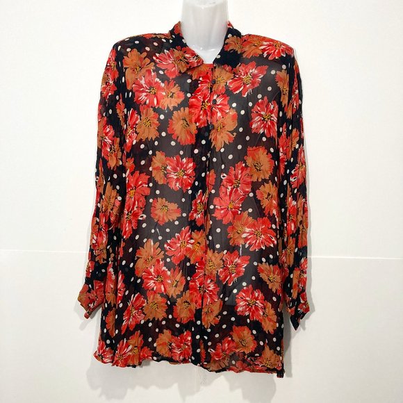 Zero Zero Button Up Sheer Blouse Floral Polka Dot Long sleeve Rayon Multicolor M - Picture 1 of 10